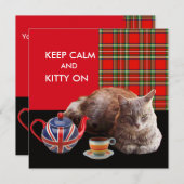 "静保かな子猫オン",赤いタータンチェック,猫茶パーティー 招待状 (正面/裏面)