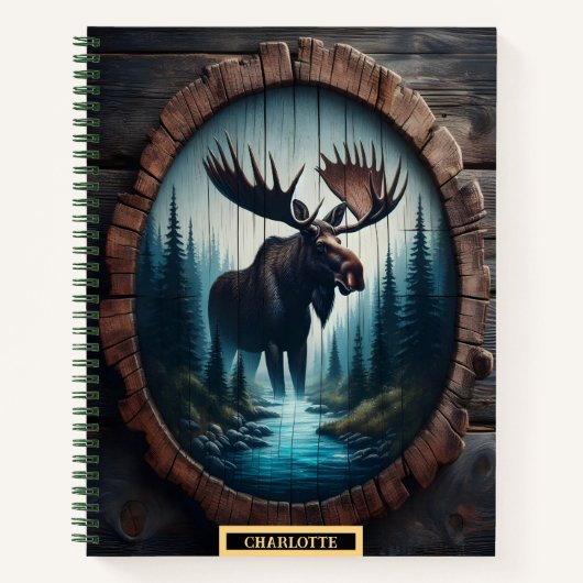 静威厳のあるかな森の小川のそばに立つムース ノートブック (正面)