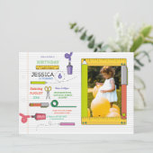 静止したパーティーの技術は芸術の写真の誕生日をペンで書きます 招待状 (スタンド正面)