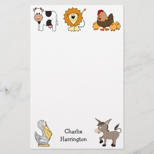 静止している動物のイラストレーションの名前をカスタムするの子供 便箋 (正面)
