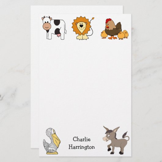 静止している動物のイラストレーションの名前をカスタムするの子供 便箋 (正面/裏面)