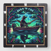 静生まれ水に浮かぶ魚を釣る スクエア壁時計 (正面)