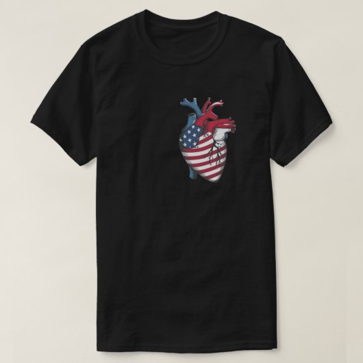 静脈と動脈のある心臓 アメリカ国旗 Tシャツ (デザイン正面)