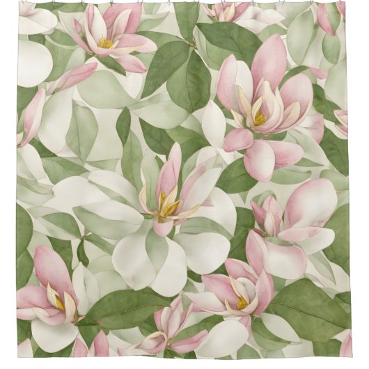 非タイルヴィンテージピンクと白マグノリアス シャワーカーテン (正面)