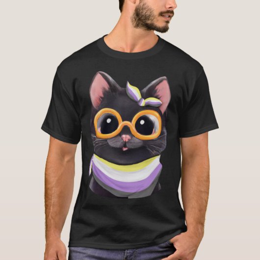 非バイナリフラグがEnbyコマンド用のかわいい猫を色付け Tシャツ (正面)