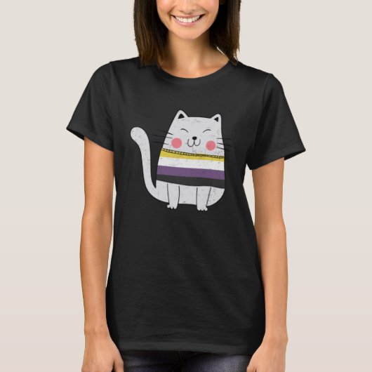 非バイナリフラグLGBTQ猫プライド猫 Tシャツ (正面)