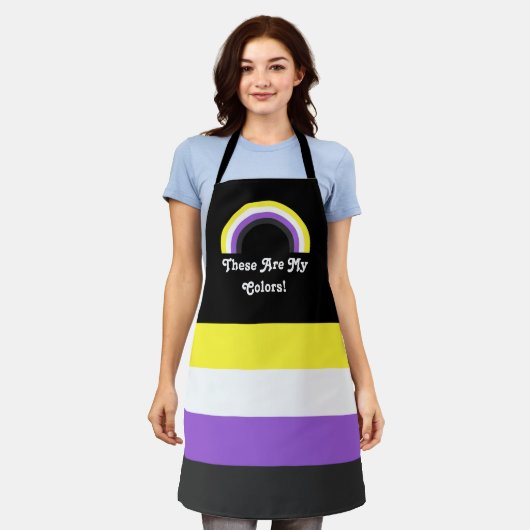 非バイナリプライドフラグと文字付き虹 エプロン (着用した状態)