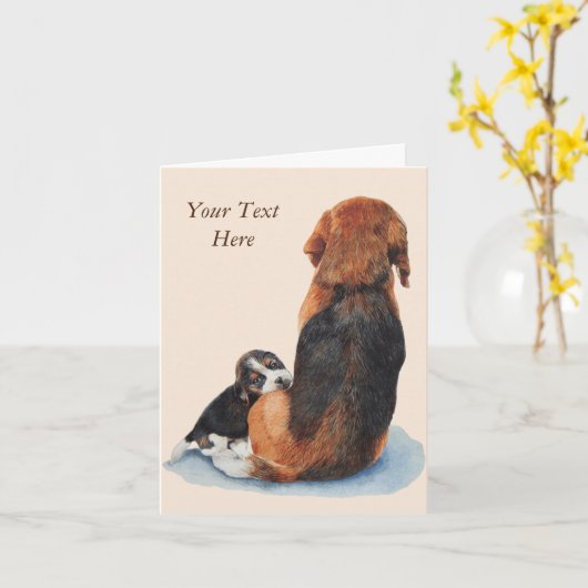 非常にかわいいビーグルの子犬の母犬のポートレート カード (黄色い花)