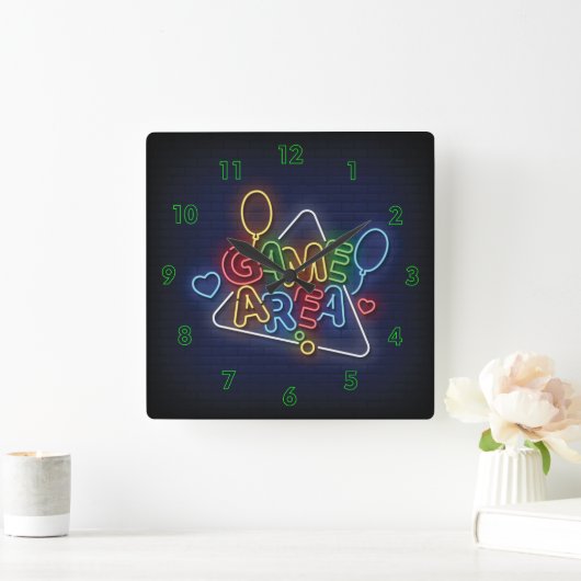 非常にクールシミュレートされたカラフルネオンサインのゲームエリア スクエア壁時計 (ホーム)