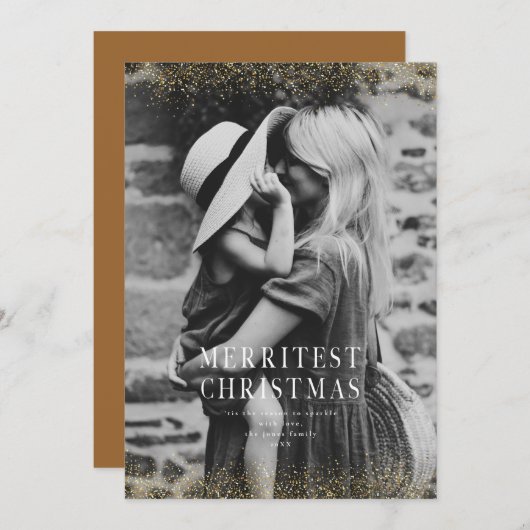 非常にスパークリーなクリスマスのグリッター金ゴールド写真 招待状 (正面/裏面)