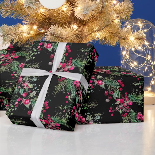 非常にベリメリーークリスマスのホリーの赤い水色 ラッピングペーパー (クリスマス)