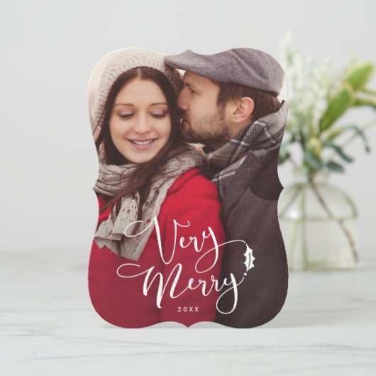 非常にメリーで白い原稿のクリスマスの写真カード 招待状 (スタンド正面)