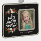 非常にメリークリスマスの花の黒いパーソナライズの シルバープレートフレームオーナメント (右)