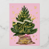 非常にメリーレトロヴィンテージピンククリスマスツリーボウ 箔シーズンカード (正面)