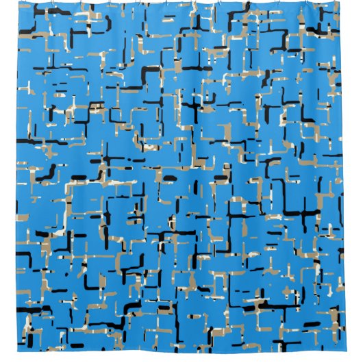 非常にユニークなブルー ベージュ ブラック ホワイト パターン シャワーカーテン (正面)