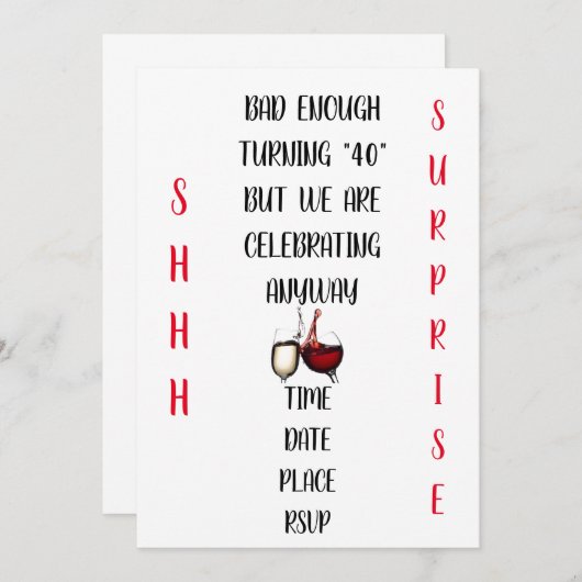 非常にユモアに富んだ独創的な ***サプライズパーティー 40歳*** 招待状 (正面/裏面)