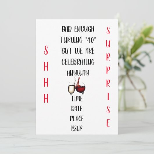 非常にユーモアに溢れ、独創的な ***サプライズパーティ 40歳の誕生日*** 招待状 (スタンド正面)