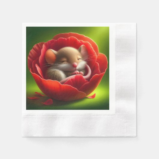 非常に可愛いベビーマウス眠る 縁ありカクテルナプキン (正面)