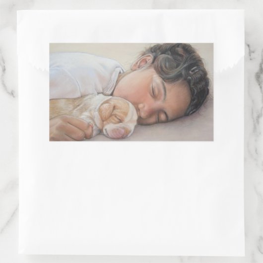 非常に可愛い写真の子供とビーグルの子犬 長方形シール (バッグ)