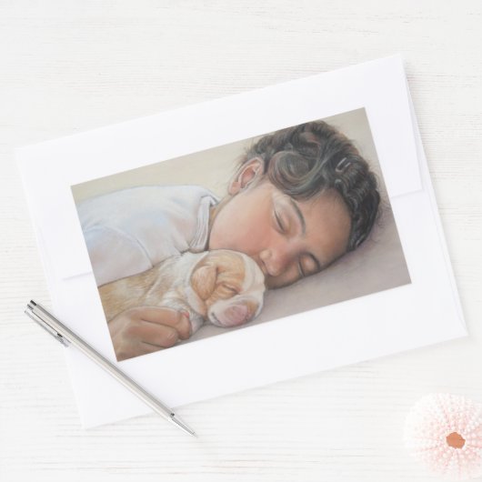 非常に可愛い写真の子供とビーグルの子犬 長方形シール (封筒)