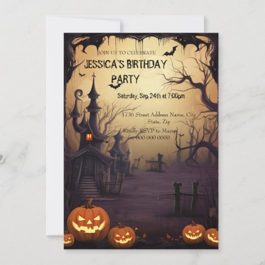 非常に怖いハロウィーンの誕生日パーティー 招待状 (正面)