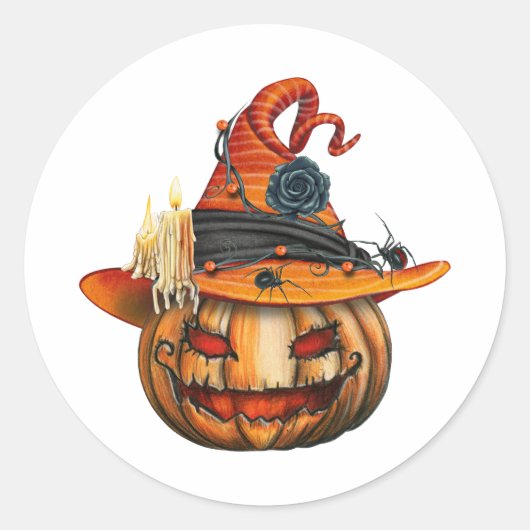 非常に怖い彫りハロウィーンカボチャとクモ ラウンドシール (正面)