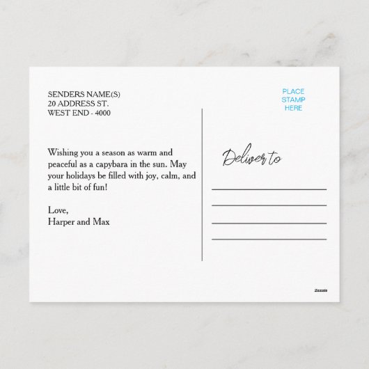 非常に気まぐれなクリスマスキャピバラクリスマス シーズンポストカード (裏面)
