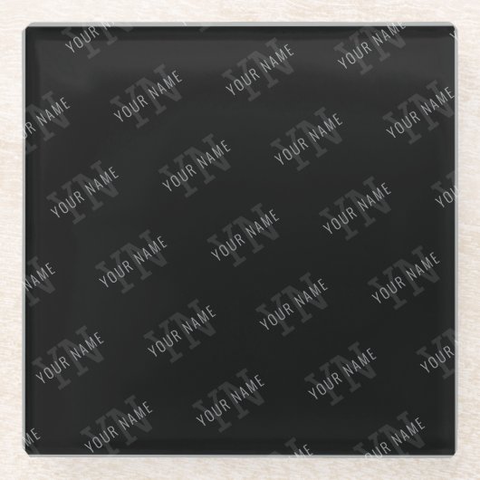 非常に濃いグレーと黒のモノグラム名パターン ガラスコースター (正面)