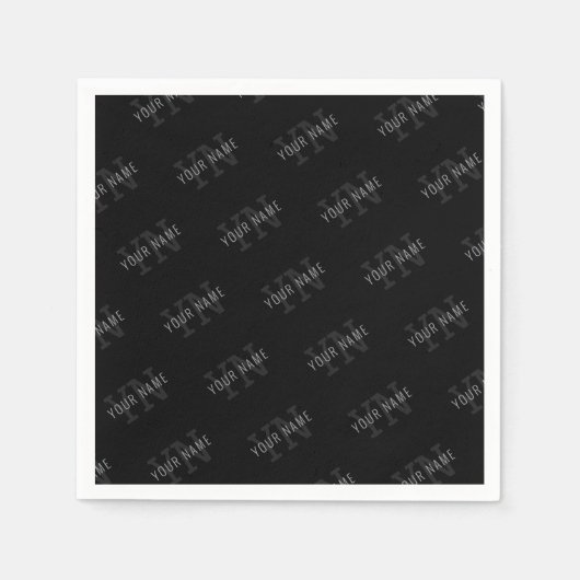 非常に濃いグレーと黒のモノグラム名パターン スタンダードカクテルナプキン (正面)