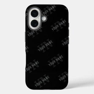 非常に濃いグレーと黒のモノグラム名パターン iPhone 16ケース