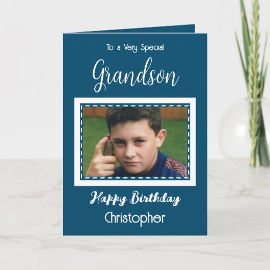 非常に特別な孫の写真海ブルー誕生日 カード (正面)