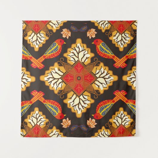 非常に特徴的なフロロを持つインドネシアろうけつ染めモチーフ タペストリー (正面)