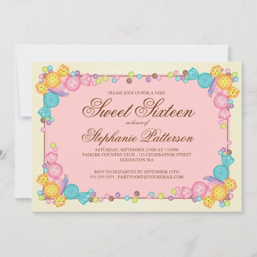 非常に甘いキャンディをテーマにしたSweet sixteen誕生日 招待状 (正面)