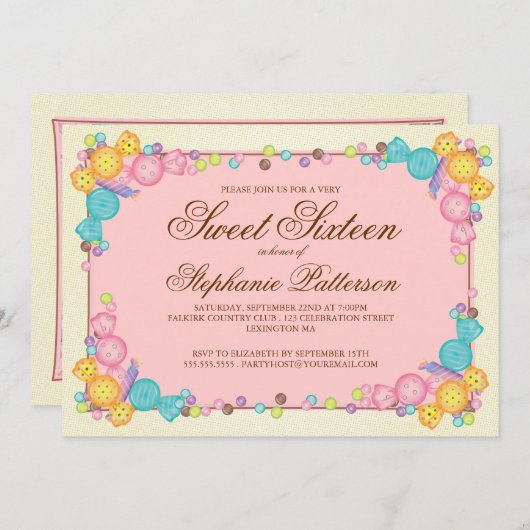 非常に甘いキャンディをテーマにしたSweet sixteen誕生日 招待状 (正面/裏面)