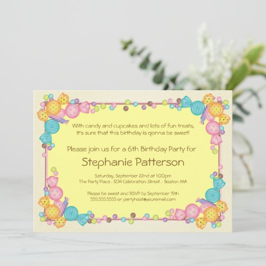 非常に甘いキャンデーのテーマの子供の誕生会 招待状 (スタンド正面)