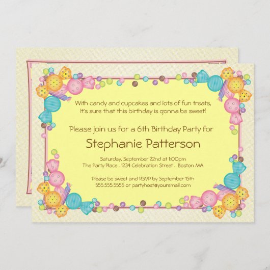 非常に甘いキャンデーのテーマの子供の誕生会 招待状 (正面/裏面)