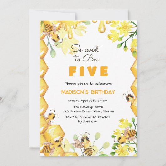 非常に甘いビー子供の誕生日招待 招待状 (正面)