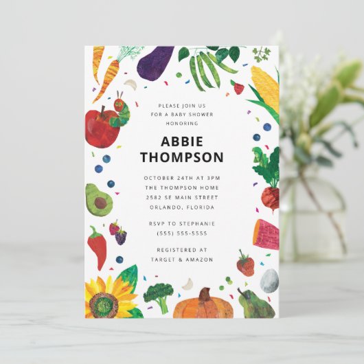 非常に空腹のキャタピラーフルーツ赤ちゃんシャワー 招待状 (スタンド正面)