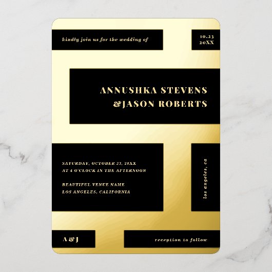 非常に組織化された幾何学的ブロック結婚写真実在の 箔招待状 (正面)