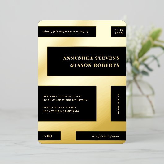 非常に組織化された幾何学的ブロック結婚写真実在の 箔招待状 (立ち正面)