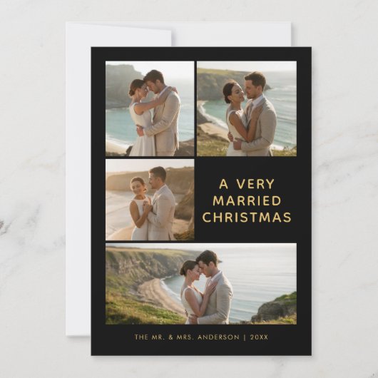 非常に結婚したクリスマスの黒い金ゴールド海岸写真 シーズンカード (正面)