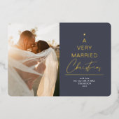 非常に結婚したクリスマススクリプトの青い銀 箔シーズンカード (正面)