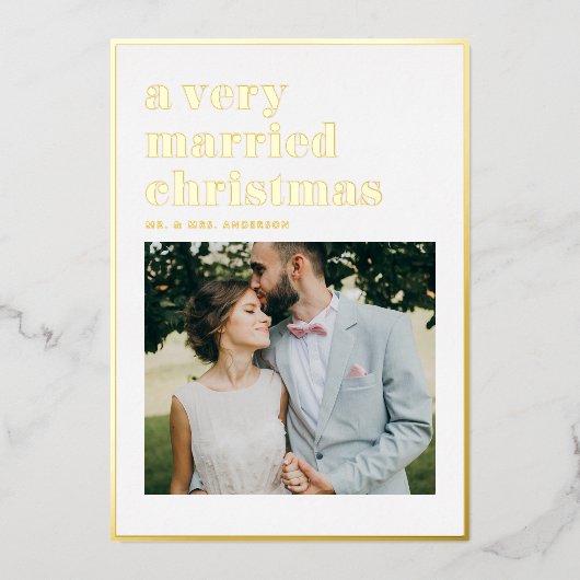 非常に結婚したクリスマスモダンの写真結婚 箔シーズンカード (正面)