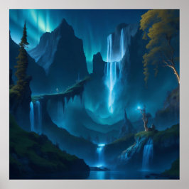 非常に美しく詳細な青と黄金のオーロラ ポスター