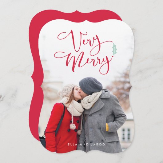 非常に赤いメリースクリプトのクリスマス写真カード シーズンカード (正面/裏面)