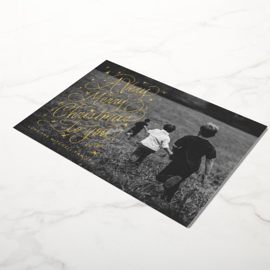 非常に陽気なクリスマスの手のレタリングの写真カード 箔招待状 (回転した状態)