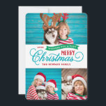 非常に陽気なクリスマススクリプト3写真 シーズンカード<br><div class="desc">カスタム手頃カスタマイズ用のDIYテンプレート付きホリシンプルデーフォトカードを印刷。このおもしろいデザインお洒落は、ターコイズ、緑、赤のタイポグラフィを備えている。「読聖降誕祭お目出度う」というメッセージ。そのテンプレートには3枚の家族写真の宇宙がある。デザインツールを使用してフォントと色を編集する。裏面にはコーディネートストライプパターンがあるか、宇宙を使用して写真や文字を追加する。</div>