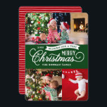 非常に陽気なクリスマススクリプト3写真 シーズンカード<br><div class="desc">カスタム手頃カスタマイズ用のDIYテンプレート付きホリシンプルデーフォトカードを印刷。このおもしろいデザインお洒落は、クラシックの緑と赤の色のタイポグラフィを特徴とする。「読聖降誕祭お目出度う」というメッセージ。そのテンプレートには3枚の家族写真の宇宙がある。デザインツールを使用してフォントと色を編集する。裏面にはコーディネートストライプパターンがあるか、宇宙を使用して写真や文字を追加する。</div>