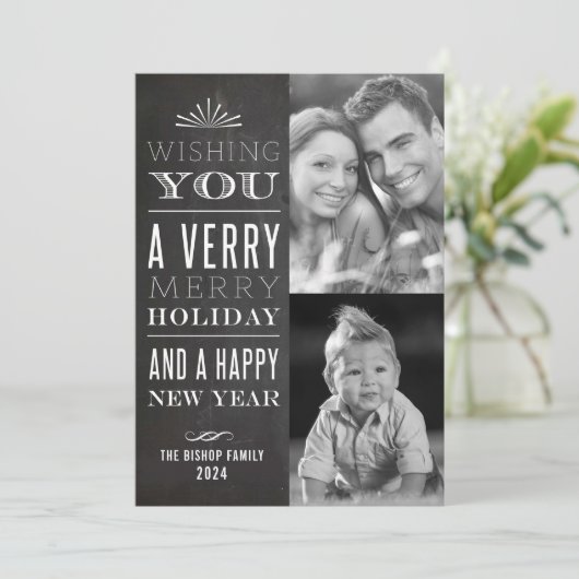 非常に陽気なクリスマスフェイクの黒板2枚の写真 シーズンカード (スタンド正面)