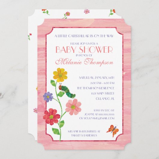 非常に飢えた毛虫 | ピンク色の赤ちゃんシャワー 招待状 (正面/裏面)